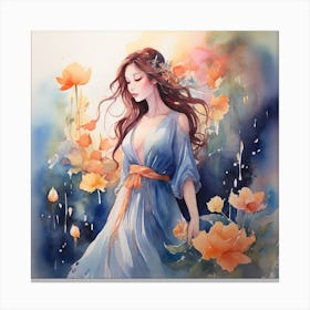 Watercolor Of A Girl With Flowers Canvas Print