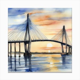 Accurate drawing and description. Sunset over the Arthur Ravenel Jr. Bridge in Charleston. Blue water and sunset reflections on the water. Watercolor.6 Canvas Print