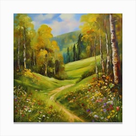 Birch Forest.Canada's forests. Dirt path. Spring flowers. Forest trees. Artwork. Oil on canvas. Canvas Print