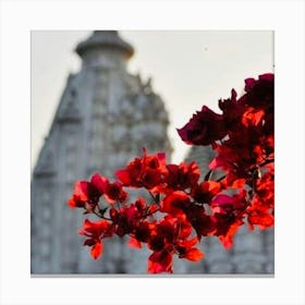 Red Flowers In Front Of A Temple Canvas Print