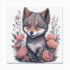Cute Floral Wolf (7) Canvas Print