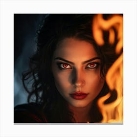 Portrait Photo Of A Woman Featuring Oversized Piercing Eyes Emitting A Flame Like Scarlet Hue Gaze Canvas Print