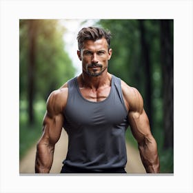 Muscular Man In The Forest Canvas Print