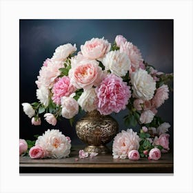 A Delicately Refined Bouquet Placed In An Exquisite Ornamental Vase Cradling Peonies And Roses In Canvas Print