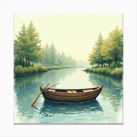 Cozy Fishing Boat On Watercolor Calm River 1 Canvas Print