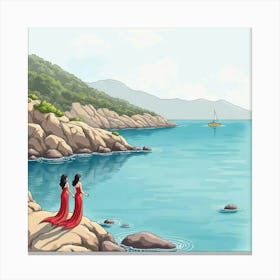 Watercolor Sirens Singing On Rocky Greek Shores 1 Canvas Print