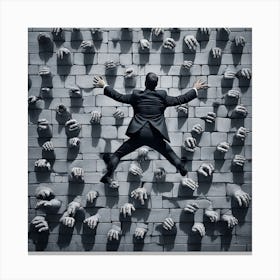 Businessman Jumping Over A Wall Of Hands Canvas Print