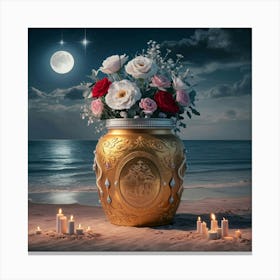 A golden jar on beach under moonlight 1 Canvas Print