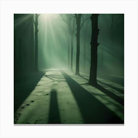 Dark Forest With Sunlight Rays And Snow, Mysterious Mood Canvas Print