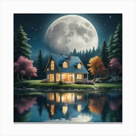 Artistic Moon Lake House Art Print 3 Canvas Print