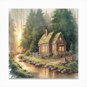 Enchanted Retreat A Serene Watercolor Of A Rustic Cabin In A Verdant Forest (3) Canvas Print