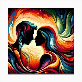 "Passion's Palette"   Two silhouettes come together in a vibrant clash of colors that swirl around them like a cosmic dance of flames and waves. This striking visual symphony captures the intensity and beauty of human connection, each hue and curve telling a story of emotion and passion. A visual celebration of love's vivid and dynamic nature, it's a piece that truly stands out. Canvas Print