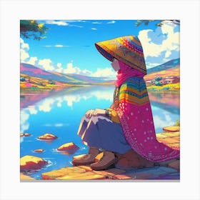 Anime Girl Sitting By The Lake Canvas Print