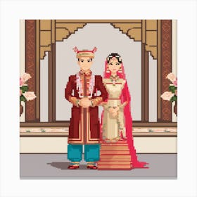 Asian Newly Wed Couple In Traditional Attire Pixel Canvas Print