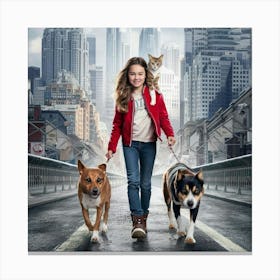 Girl And Her Dogs 1 Canvas Print