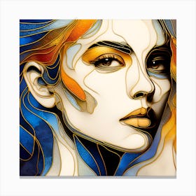 Portrait Of A Woman's Face - Stained Glass Effect In Golden Lines, Blue, Orange, and Yellow Colors With A Touch Of Abstraction With An Elegant Look. Canvas Print
