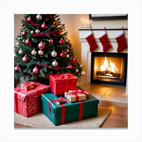 Christmas Presents In Front Of Fireplace 10 Canvas Print