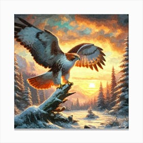 Oil Texture Winter Hawk At Sunset 1 Canvas Print
