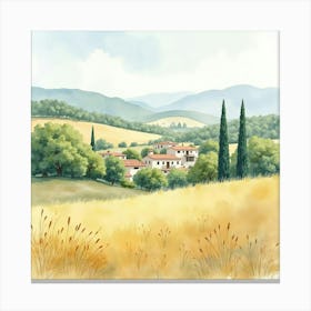 Watercolor Scene Of A Peaceful Spanish Countryside With Gentle Hues Canvas Print