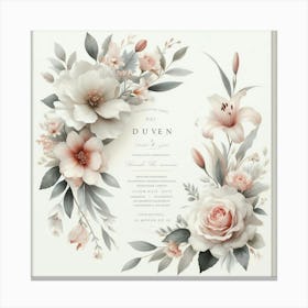A beautiful watercolor painting of a floral wreath with a white background, featuring soft pink, cream, and gray flowers and greenery, perfect for a wedding invitation or announcement. Canvas Print