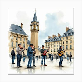 Watercolor Of Parisian Street Musicians Playing In Front Of Historic Buildings 1 Canvas Print