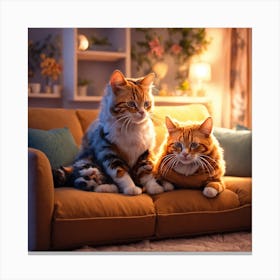 Two Cats Sitting On A Couch Canvas Print