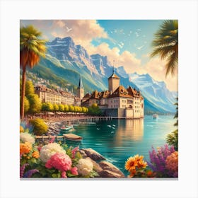 Switzerland With Lake Geneva And Chillon Castle Painting Art Canvas Print