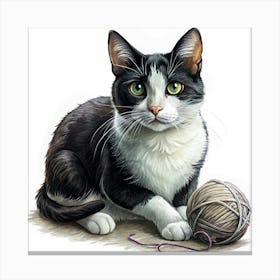 Black And White Cat With A Ball Of Yarn 1 Canvas Print