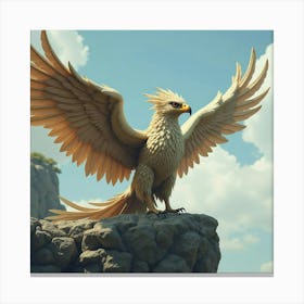 Mythical Griffin Perched On A Rocky Ledge With Its Wings Spread Wide 1 Canvas Print