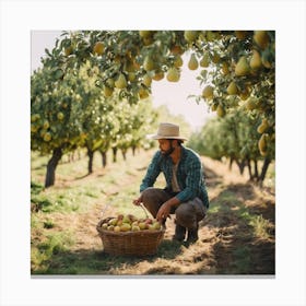 Farmer Picking Pears In The Orchard Canvas Print
