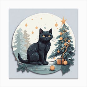 Black Cat With Christmas Tree Canvas Print