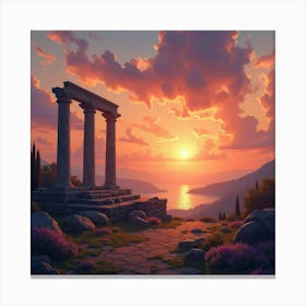 Dreamlike Watercolor Sunset Over Ancient Ruins 1 Canvas Print