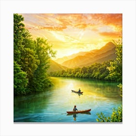 Scenic River Trails Captured In The Golden Hour Canoes Gently Floating On The Waters Surface Refle Canvas Print