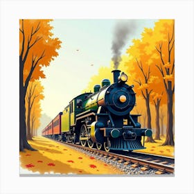 Historic Locomotive In A Watercolor Scene Of A Golden Autumn Forest 1 Canvas Print