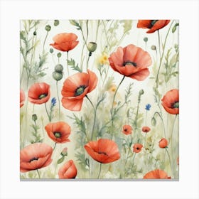 Wildflowers Watercolor Field Drawing Summer Popp (2) Canvas Print