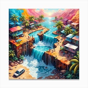 Homes By The Waterfall In Paradise Canvas Print