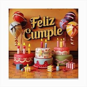 Feliz cumple and Feliz cumpleaños sign means Happy Birthday in Spanish language, Birthday party celebration gift with birthday cake candle colorful balloons best congratulation over light background wall artFeliz Cumple 63 Canvas Print