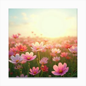 A Field Of Blooming Cosmos Flowers With A Soft, Dreamy Sky 5 Canvas Print