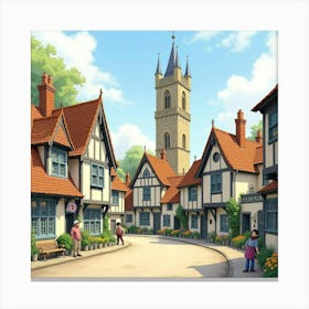 A Picturesque English Village Square With A Clock Tower And Residents, Watercolor 1 Canvas Print