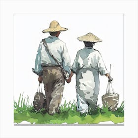 Old Couple Holding Baskets Canvas Print