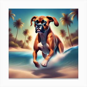 A dog boxer swimming in beach and palm trees 3 Canvas Print