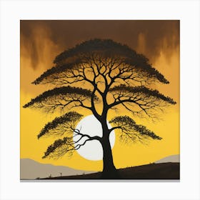 a tree with a yellow sun in the background and a brown sky above it 3 Canvas Print