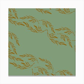 Golden Florals On Green Pattern Square Canvas Print