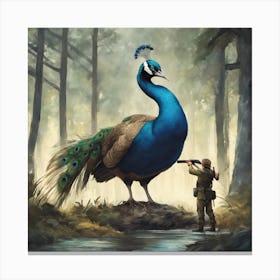 A Peacock In The Forest Spreading His Feather In F Canvas Print