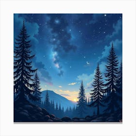 Celestial Watercolor Night Sky Over Ancient Woods 1 Canvas Print