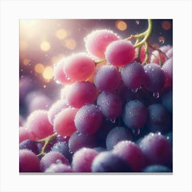 A close-up photograph of a bunch of ripe, juicy grapes, glistening with water droplets, against a soft, out-of-focus background, with a warm glow of sunlight shining through the edges of the image. Canvas Print