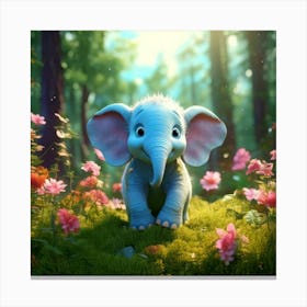 Firefly 3d, Animated, Cute, Little, Round, Turquoise, Elephant, Baby, Forest, Pink Flowers, Whimsica Canvas Print