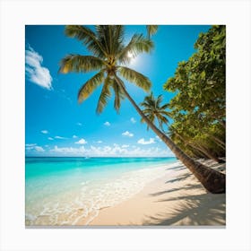 A Sunny Beach In A Tropical Paradise Palm Trees Bending Slightly Above The Turquoise Waters Edge Canvas Print