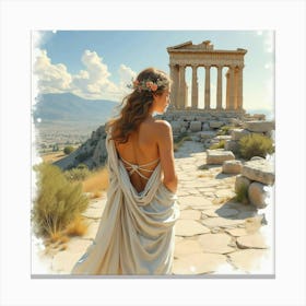 Beautiful Greek Woman In Watercolor, Framed By The Timeless Beauty Of An Ancient Temple 1 Canvas Print