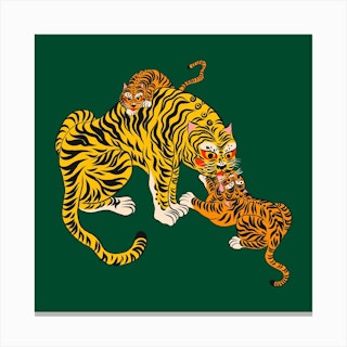 Wild Tiger Mama Green Square Canvas Print
